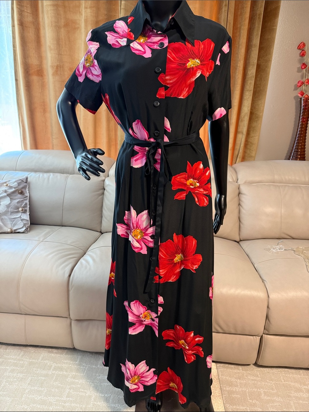 100% Silk Vintage Black Floral Button-Front Maxi Dress with Tie Waist